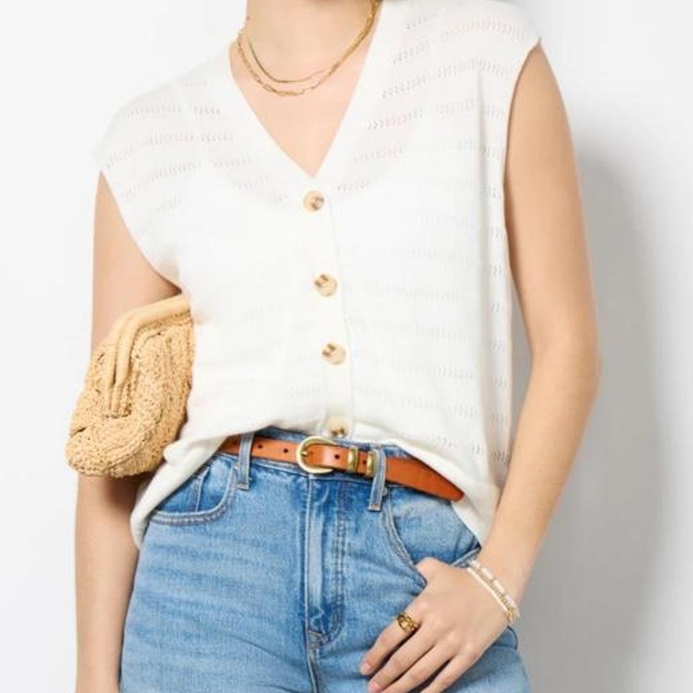 Evereve St. Kitts Tank XS White Pointelle Knit Button Front Sweater Vest